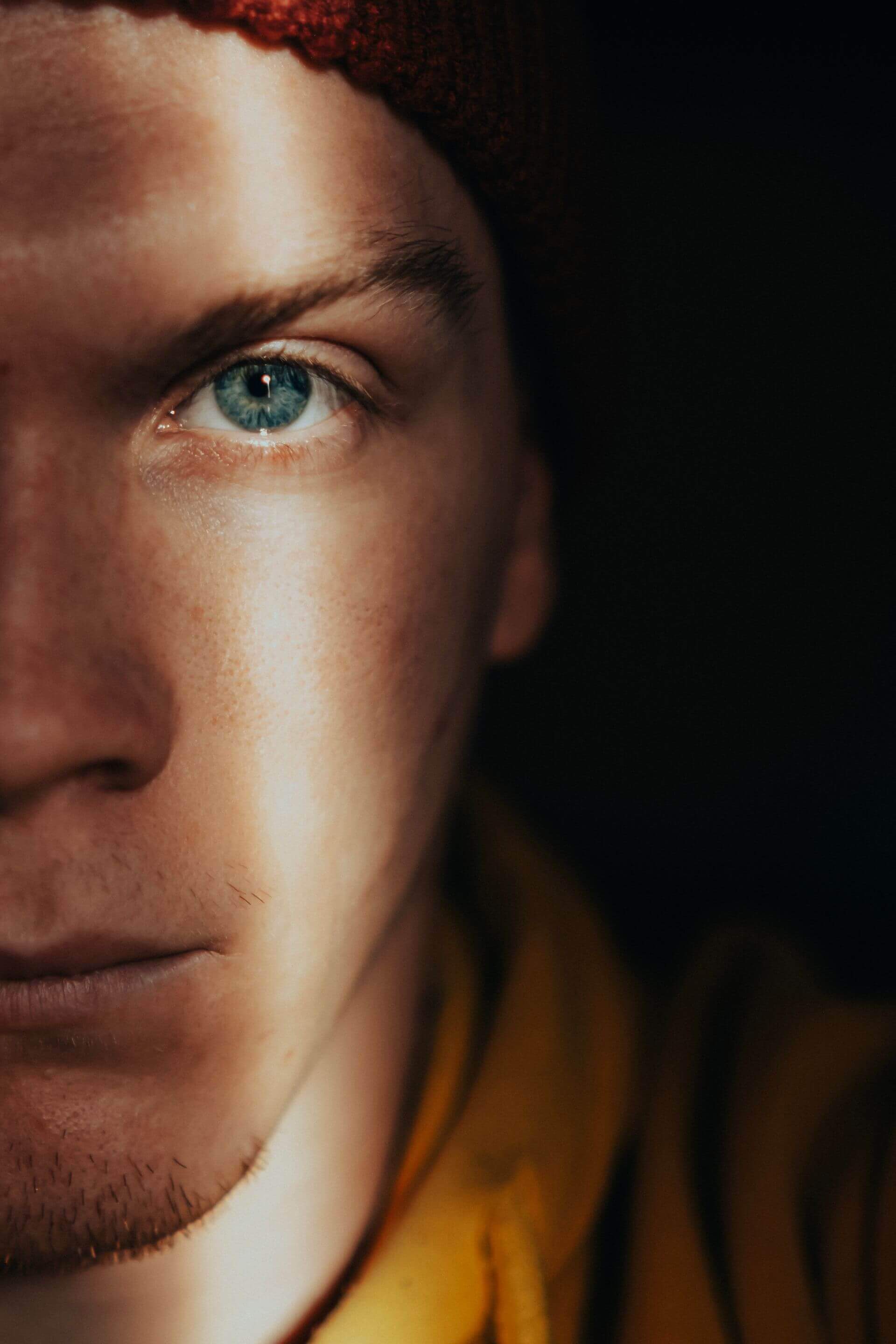 A close-up of a man's focused eye